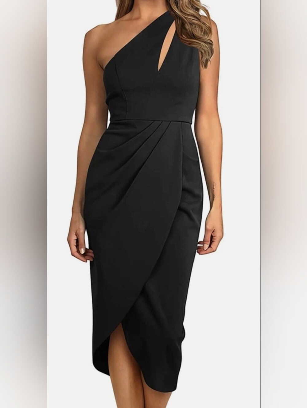 Chic One-Shoulder Black Dress with Drape Detail